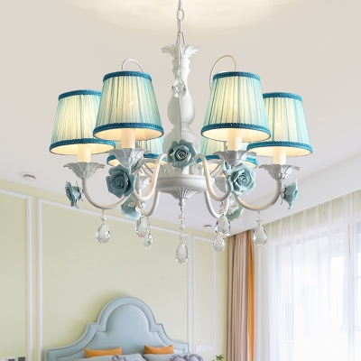 6 Bulbs Conical Chandelier Light Pastoral Pink/Blue Metal Flower Pendant Lighting with Dangling Crystal for Bedroom