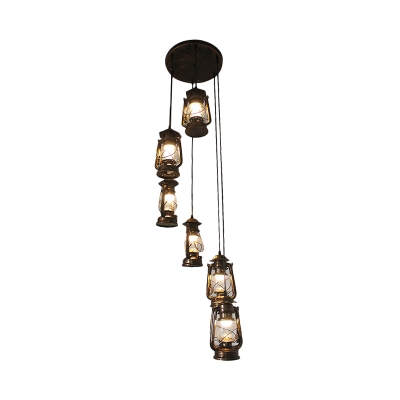 6 Heads Stair Cluster Pendant Light Modern Bronze Ceiling Hang Fixture with Kerosene Lamp Clear Glass Shade