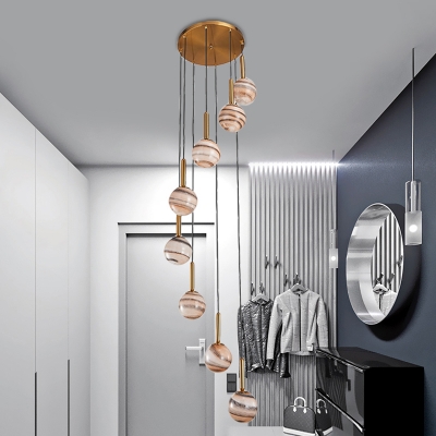 8 Lights Stair Cluster Pendant Modern Brown LED Hanging Ceiling Light with Global Frosted Glass Shade