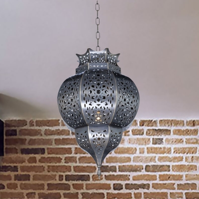 Art Deco Hollow Ceiling Pendant 1 Bulb Metal Hanging Light Fixture in Grey for Restaurant
