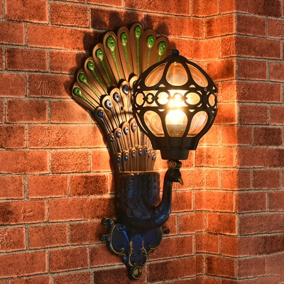 Art Deco Sphere Sconce Lighting 1-Light Metallic Wall Mounted Lamp in Lake Blue with Peacock Backplate