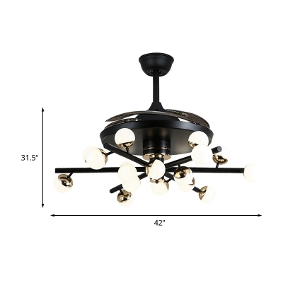 Black/White 18-Bulb Fan Light Modernism Frosted Glass Globe LED Semi Flush Mount Lighting with 4 Clear Blades, 42