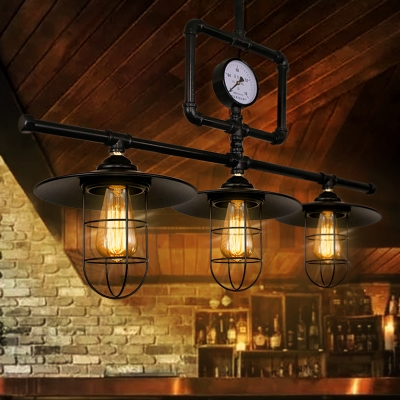 Black Wire Cage Island Lighting Industrial Metallic 3 Bulbs Restaurant Suspension Lamp with Water Meter Deco