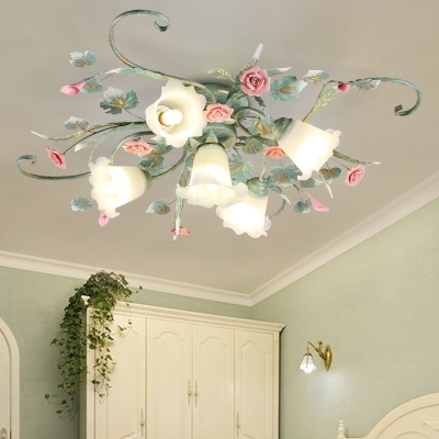 Blue Flower Semi Flush Mount Country Metal 4/5/9 Bulbs Living Room Close to Ceiling Lamp