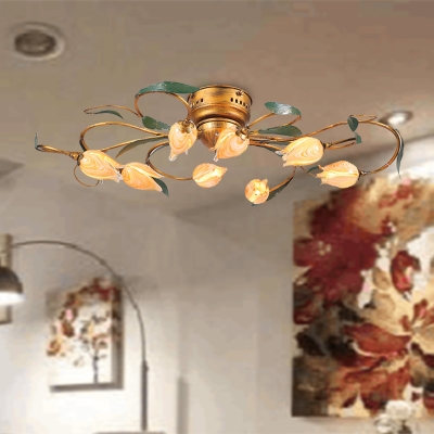 Brass 8/15 Lights Ceiling Flush Countryside Metal Tulip LED Semi Mount Lighting for Living Room