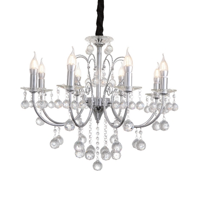 Contemporary Candle Chandelier Lamp with Clear Crystal Ball 8 Lights Metal Silver Pendant Light