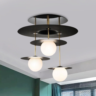 Contemporary Disk Semi Flush Lighting Metal 3 Heads Living Room Close to Ceiling Lamp in Black with Orb Opal Glass Shade