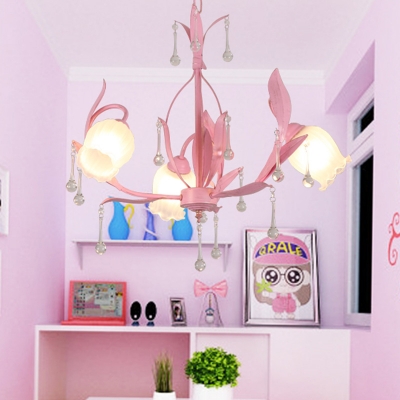 Cream Glass Pink/Green Chandelier Flower 3/6/8 Lights Traditionalism LED Drop Lamp for Bedroom