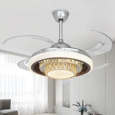 Crystal Silver Semi Flush Mount 2-Layer Modernism 4 Blades LED Hanging Ceiling Fan Light, 42