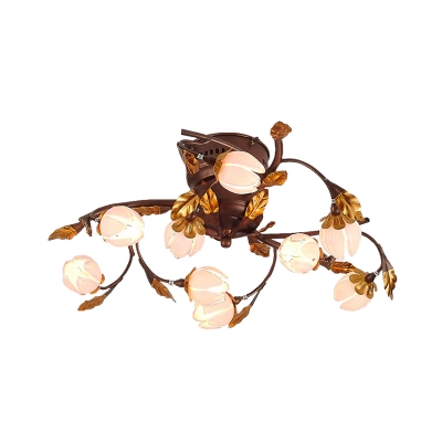 Dark Brown 9 Lights Ceiling Flush Pastoral Metal Flower LED Semi Mount Lighting for Bedroom