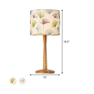 Drum Table Light Contemporary Fabric 1 Bulb Wood Task Lighting with Butterfly/Flower Pattern