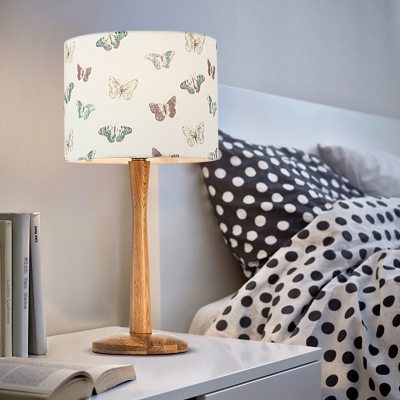 Drum Table Light Contemporary Fabric 1 Bulb Wood Task Lighting with Butterfly/Flower Pattern