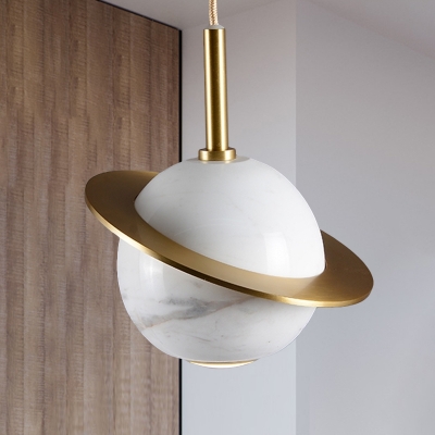 Globe Hanging Light Kit Modernist Marble LED Restaurant Pendant Lamp in White/Black/Green with Trapped Ring