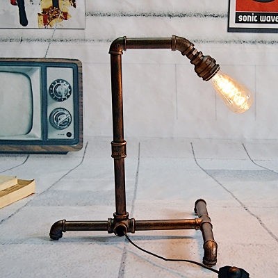Industrial Piping Task Light 1-Light Metal Night Table Lamp in Rust with Plug-In Cord