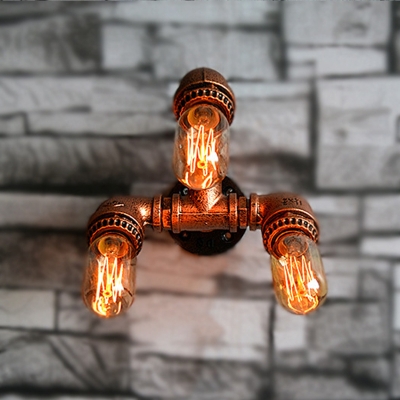 Iron Water Pipe Sconce Light Fixture Farmhouse 3-Bulb Restaurant Wall Lamp in Brass