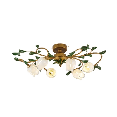 Lily/Tulip Bedroom Ceiling Lamp Vintage Metal 6/8 Bulbs Brass LED Semi Flush Mount Light Fixture