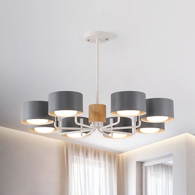 Macaron 8 Heads Ceiling Chandelier with Iron Shade Grey/Green/White Drum Suspended Pendant Light with Radial Design