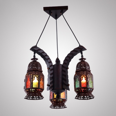 Metal Black Chandelier Lighting Fixture Lantern 3 Bulbs Vintage Hanging Pendant for Living Room