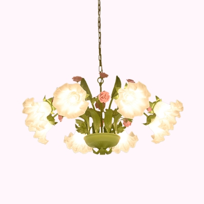Milk Glass Green Chandelier Lighting Rose 6/8 Heads Country Style Hanging Light Fixture for Restaurant