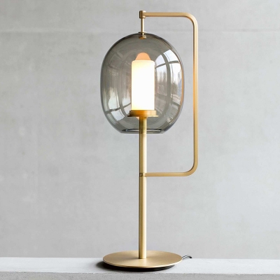 Minimalism 1 Bulb Task Light Gold Oval Nightstand Lamp with Smoke Grey Glass Shade