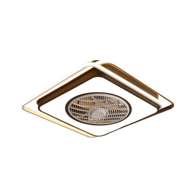 Minimalist Square Pendant Fan Lighting LED Acrylic Semi Flush Lamp Fixture in Black for Bedroom, 21.5