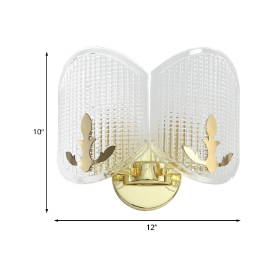 Modern Arc Oval Wall Mount Fixture Clear Latticed Glass 2 Lights Corner Wall Sconce Lamp in Gold