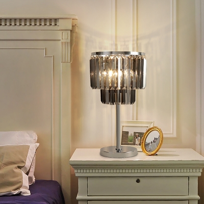 Modernism Cylindrical Desk Light Smoke Grey Crystal 2 Bulbs Living Room Nightstand Lamp