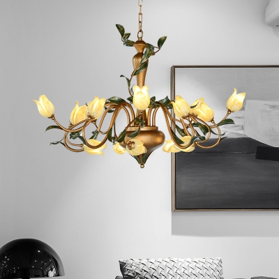 Romantic Pastoral Tulip Chandelier Lamp 15 Heads Metal LED Down Lighting Pendant in Gold for Dining Room