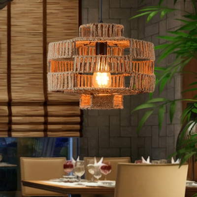 Rope Drum Frame Pendant Industrial 1-Head Restaurant Hanging Light Fixture in Beige