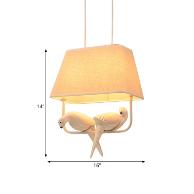 Rustic Style Tapered Shade Hanging Light with Bird Decoration 1/2/3 Lights Fabric Pendant Lamp in Beige