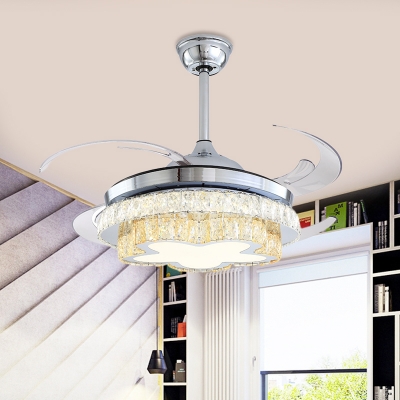 Stainless-Steel LED Hanging Fan Light Modernist Crystal Floral 8 Blades Semi Flush Lamp for Living Room, 48