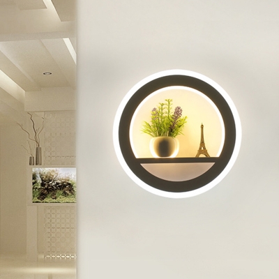 White 1-Head Sconce Lamp Simple Metal Round LED Plant Wall Mount Lighting for Living Room