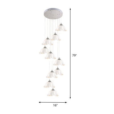 White Glass Scalloped Cluster Pendant Modernist 10 Bulbs Ceiling Suspension Lamp for Living Room
