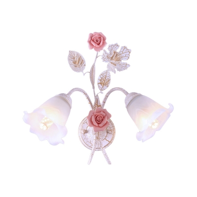 1/2 Bulbs Metal Sconce Fixture Pastoral White Flower Living Room Wall Mounted Lighting