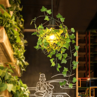 1-Bulb Metal Hanging Lamp Retro Black Cage Restaurant LED Suspension Lighting with Plant Decoration