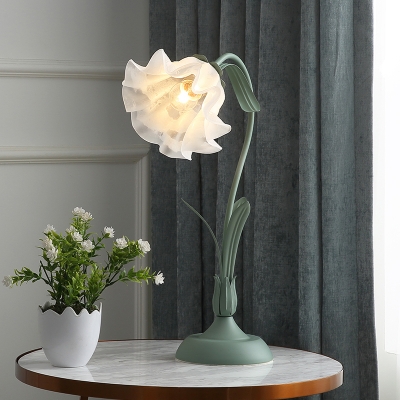 1 Bulb Scalloped Table Light Pastoral Gray and Green Metal Nightstand Lamp with White Glass Shade