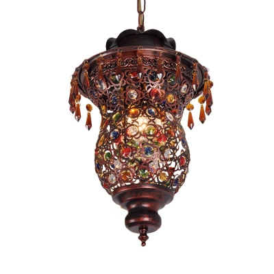 1 Head Flower Pendant Lighting Vintage Copper Metal Ceiling Hanging Light with Crystal Teardrop