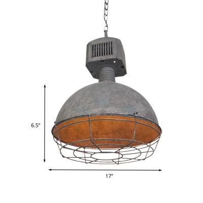 1-Head Pendant Light Fixture Farmhouse Dome Iron Hanging Ceiling Lamp in Grey with Cage