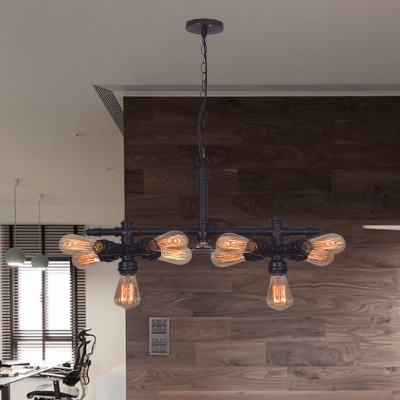10 Bulbs Iron Ceiling Chandelier Vintage Black Radial Pipe Living Room Suspended Pendant Light