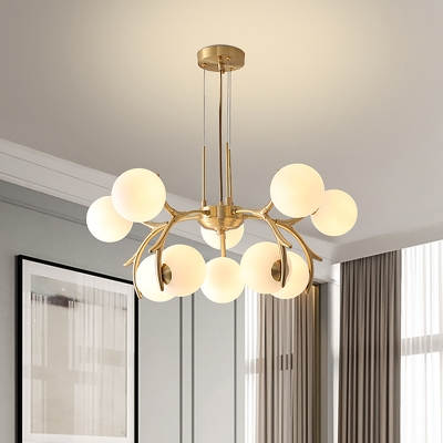 10-Light Bedroom Hanging Light Kit Modernist Brass Pendant Chandelier with Global Opal Glass Shade
