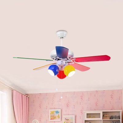 3 Bulbs Semi Flush Light Kids Bedroom 5 Blades Ceiling Fan Lamp with Ball Pink/Yellow/Red Glass Shade, 42