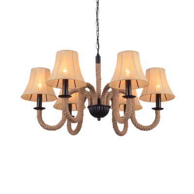 6 Heads Rope Hanging Lighting Antiqued Beige Sputnik Living Room Chandelier with Empire Fabric Shade