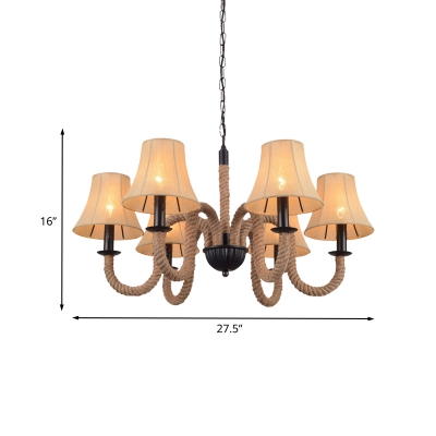 6 Heads Rope Hanging Lighting Antiqued Beige Sputnik Living Room Chandelier with Empire Fabric Shade