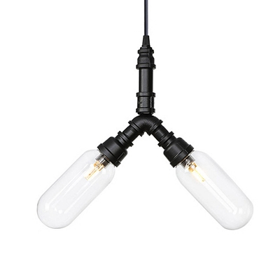 Black 2/3/4-Head LED Pendant Light Fixture Rustic Clear Glass Capsule Ceiling Chandelier with Radial Pipe Design