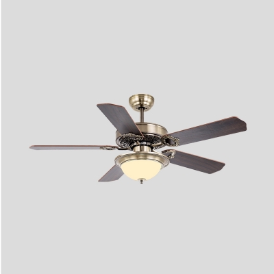 Brass Dome 5 Blades Ceiling Fan Light Countryside Cream Glass Living Room LED Semi Flush Mounted Lamp with Wall/Remote Control, 42
