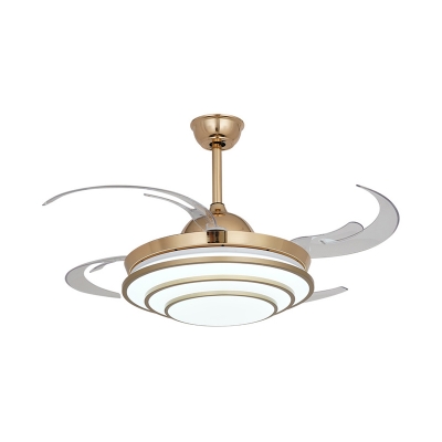 Cascaded Living Room Semi Flush Contemporary Metallic LED Gold Ceiling Pendant Fan Light with 4 Clear Blades, 42