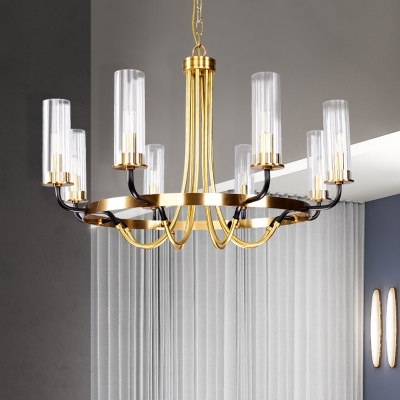 Clear Glass Cylinder Ceiling Chandelier Minimalist 8 Lights Gold Finish Hanging Pendant Lamp with Curved Arm