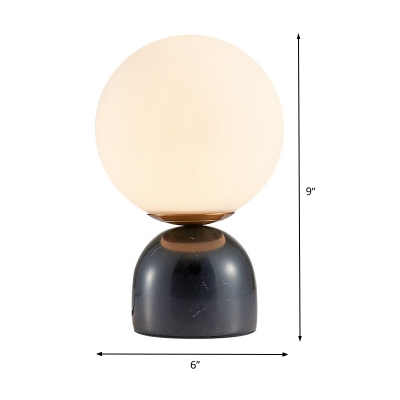 Contemporary Round Table Light Milky Glass 1 Bulb Desk Lamp in Black with Marble Base