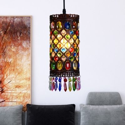 Copper Cylinder Hanging Light Bohemian Metal 1 Head Living Room Pendant Lighting Fixture