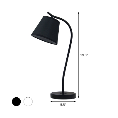 Curved Arm Desk Lamp Modernist Metal 1 Bulb Black/White Task Light with Cone Fabric Shade